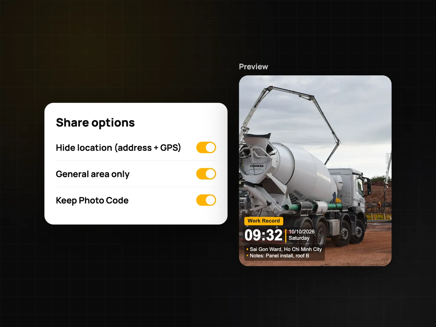 Share options with the hide location toggle on, a preview of the watermark without address or GPS, and the Photo Code kept