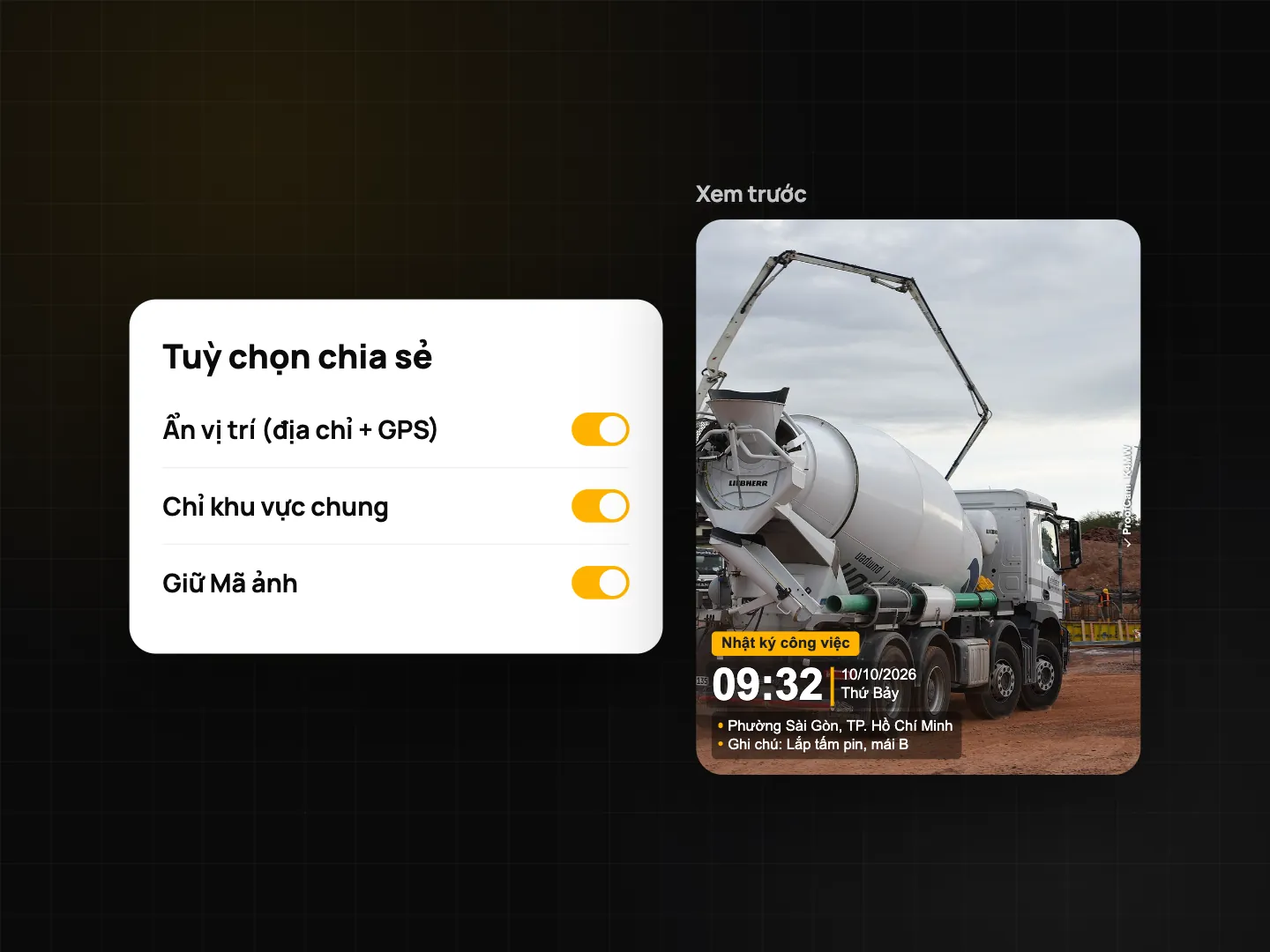 Bảng tùy chọn chia sẻ đang bật ẩn vị trí, xem trước watermark không có địa chỉ và GPS, Photo Code vẫn giữ