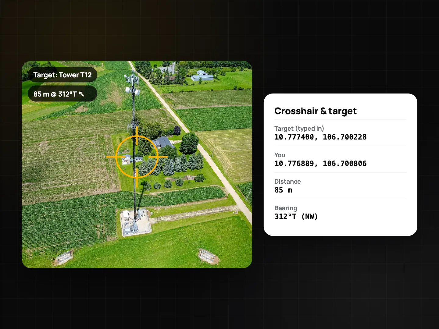 Crosshair and target view: photo with a centre crosshair, the target label, distance and true bearing