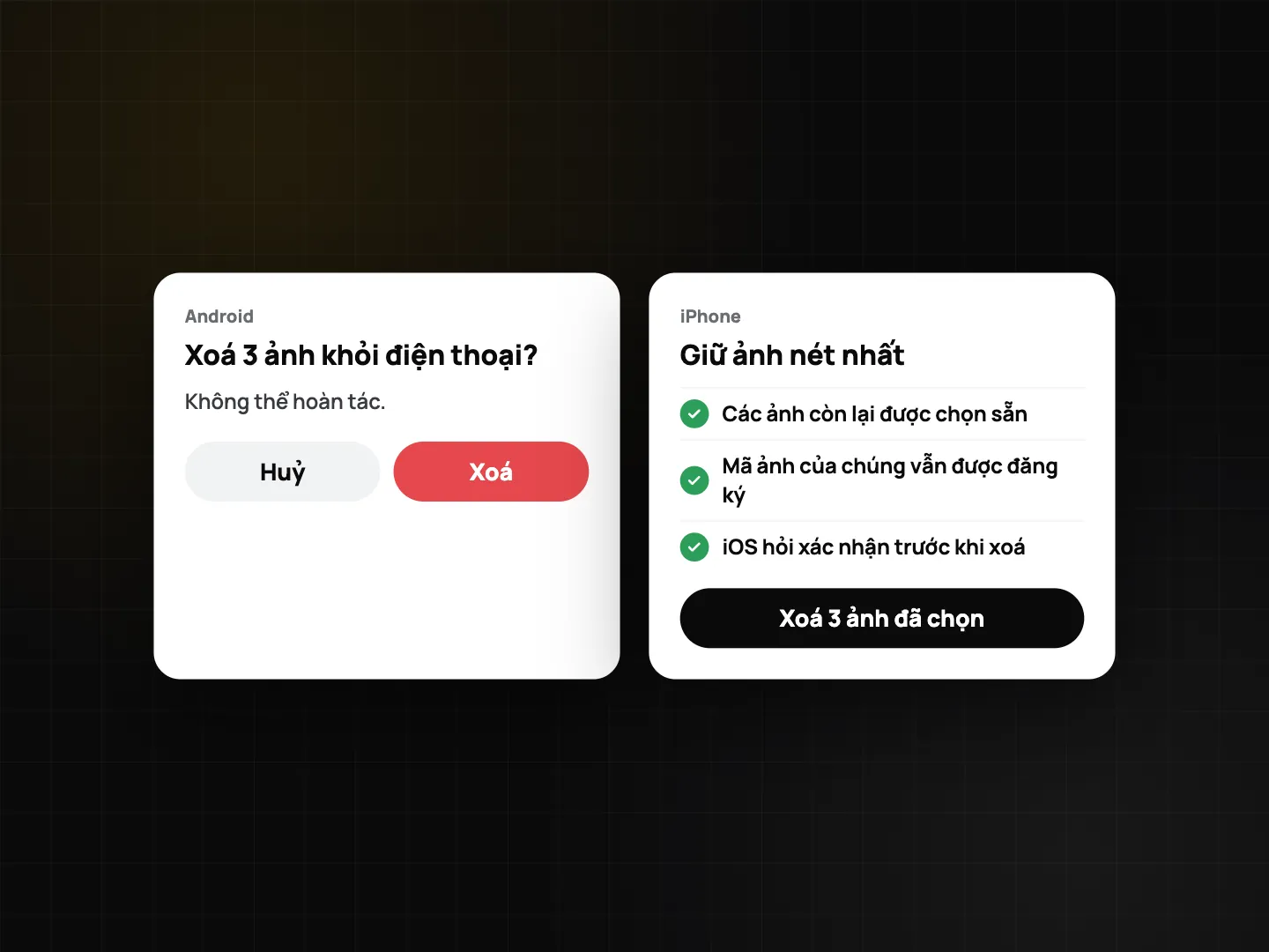 Xóa ảnh trùng lặp: hộp xác nhận trên Android (không thể hoàn tác) và iPhone (giữ tấm nét nhất, mã ảnh vẫn được đăng ký)