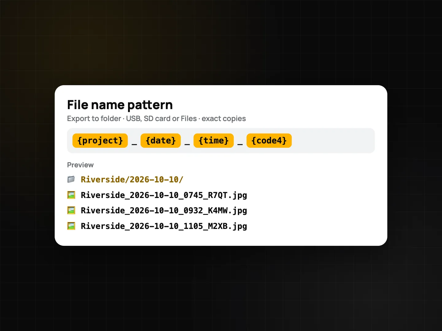 Export to folder with file name pattern tokens and the resulting folder and file names