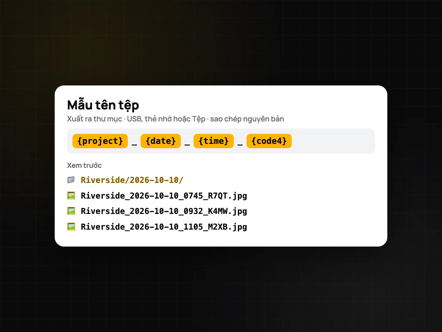 Xuất ra thư mục với các mã trong mẫu tên tệp và tên thư mục, tên file nhận được
