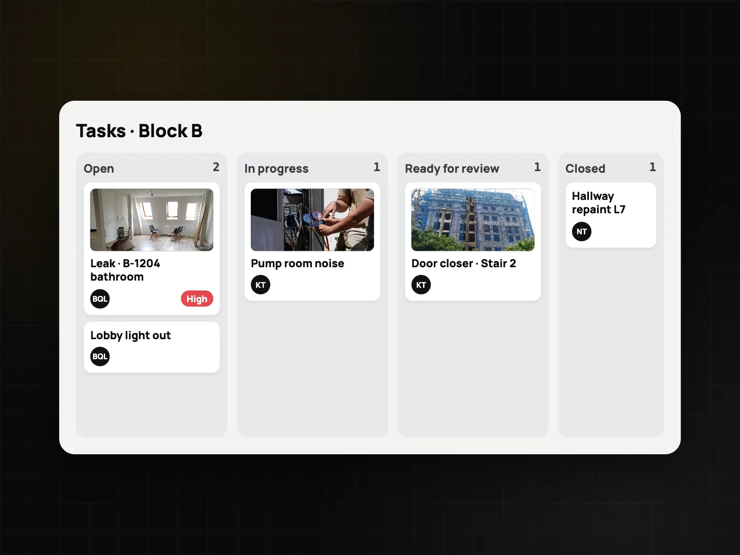 Kanban board Tasks · Block B with columns Open, In progress, Ready for review and Closed, including the leak in B-1204 marked High