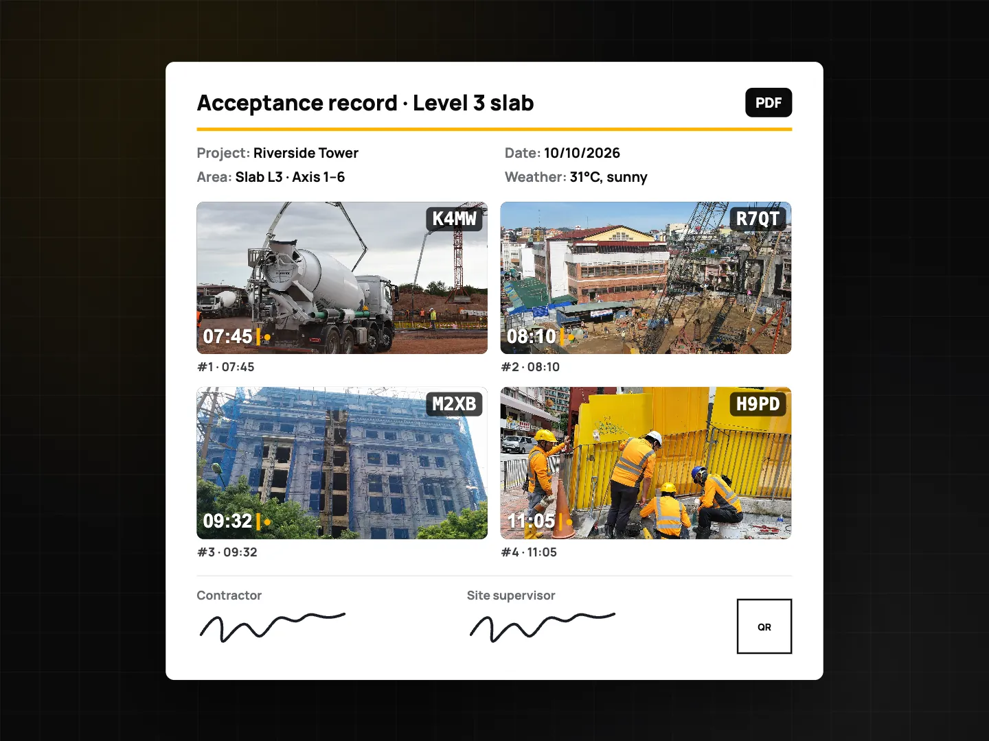 Acceptance record PDF for Level 3 slab: project, date, area and weather, a 2 by 2 grid of stamped site photos each with a Photo Code, contractor and site supervisor signature lines and a verify QR code