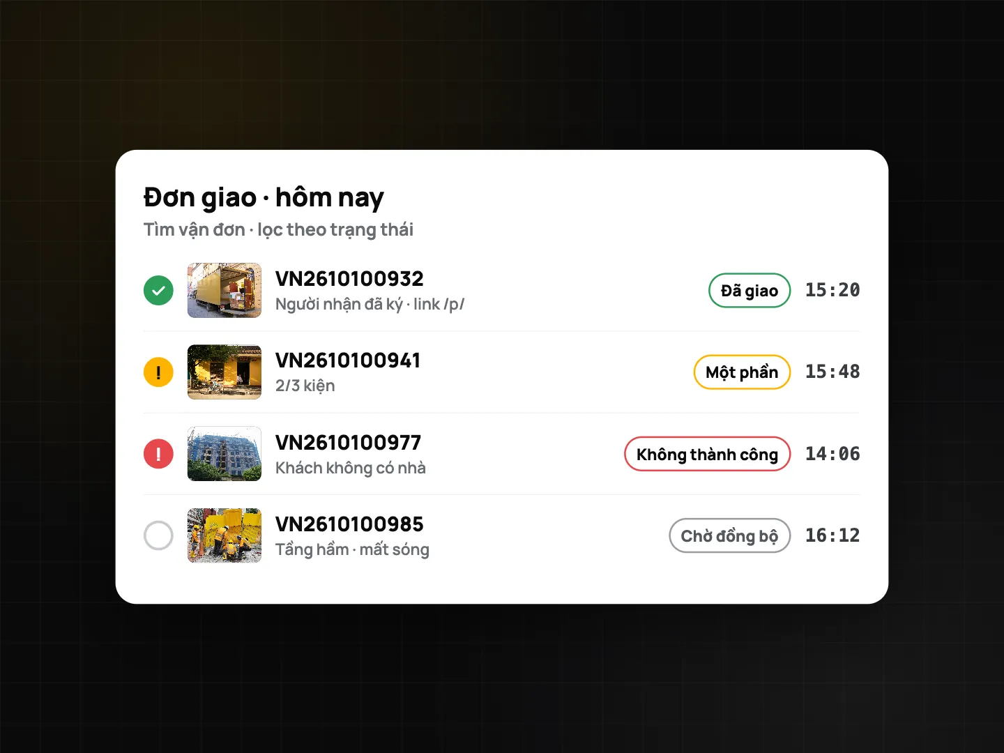 Danh sách Giao hàng hôm nay trên cổng web: bốn mã vận đơn với nhãn Đã giao, Giao một phần, Thất bại, Chờ đồng bộ, kèm giờ và ảnh thu nhỏ