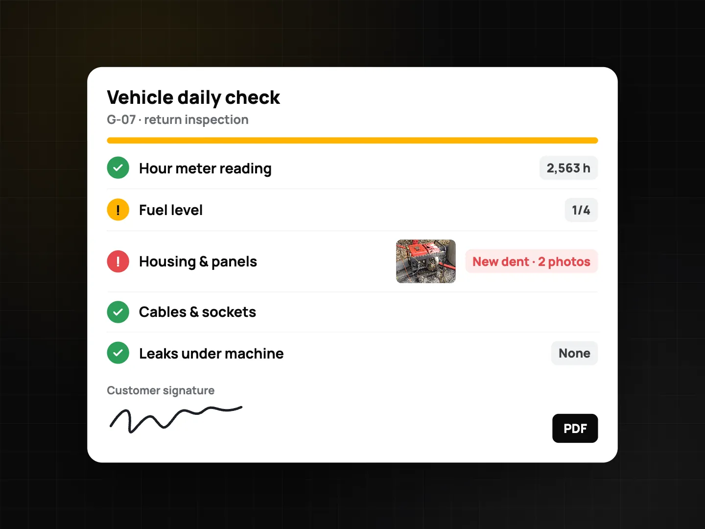 Vehicle daily check used as a return inspection: hour meter 2,563 h, fuel 1/4, new dent on the housing with 2 photos flagged, cables and sockets OK, no leaks, customer signature