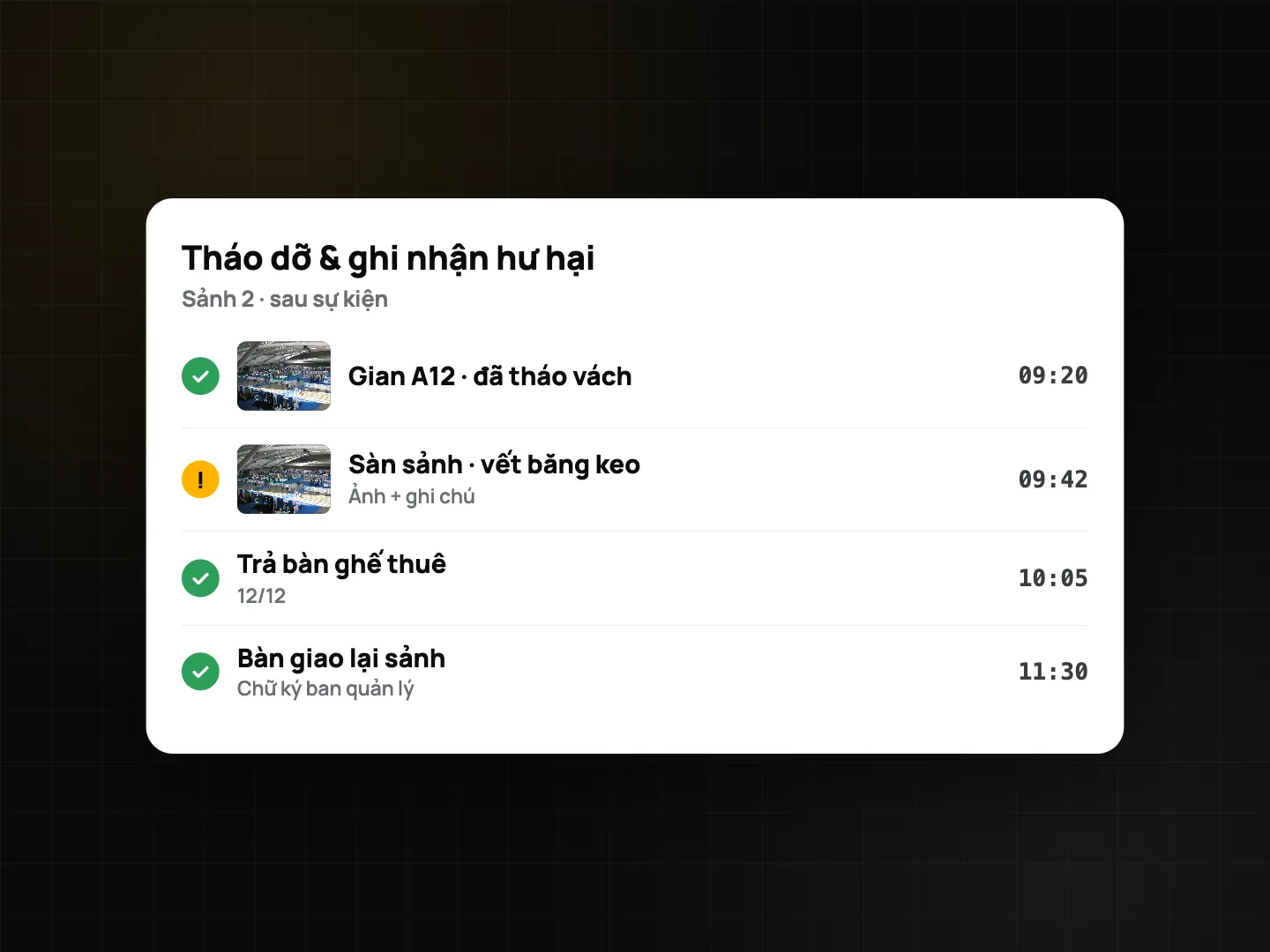 Nhật ký tháo dỡ và hư hỏng Hall 2: gian A12 hạ vách 09:20, vết băng keo trên sàn có ảnh và ghi chú 09:42, trả đồ thuê 12/12, trả mặt bằng có chữ ký ban quản lý 11:30