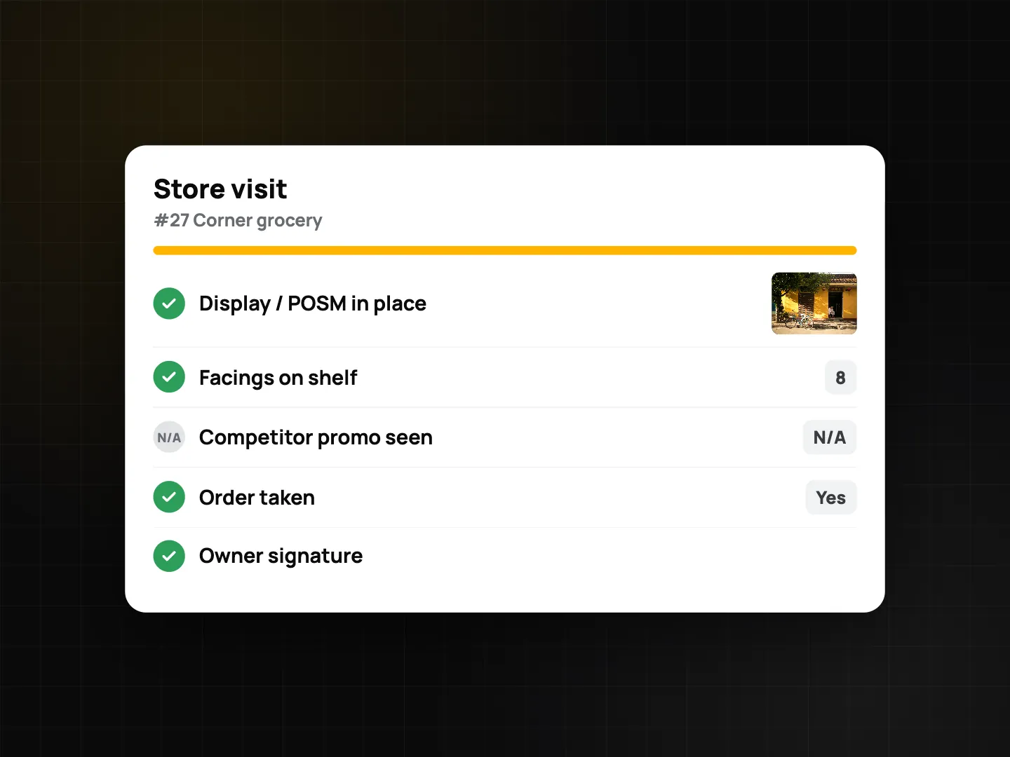 Store visit checklist for store #27: display and POSM present with a photo, 8 facings, competitor promo N/A, order taken Yes and the owner's signature