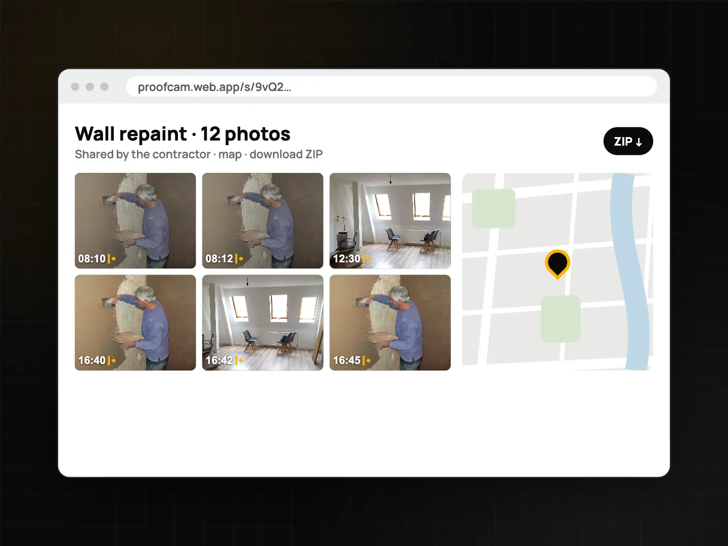 Browser share-link page Wall repaint with 12 photos in a grid, a map and a ZIP download button