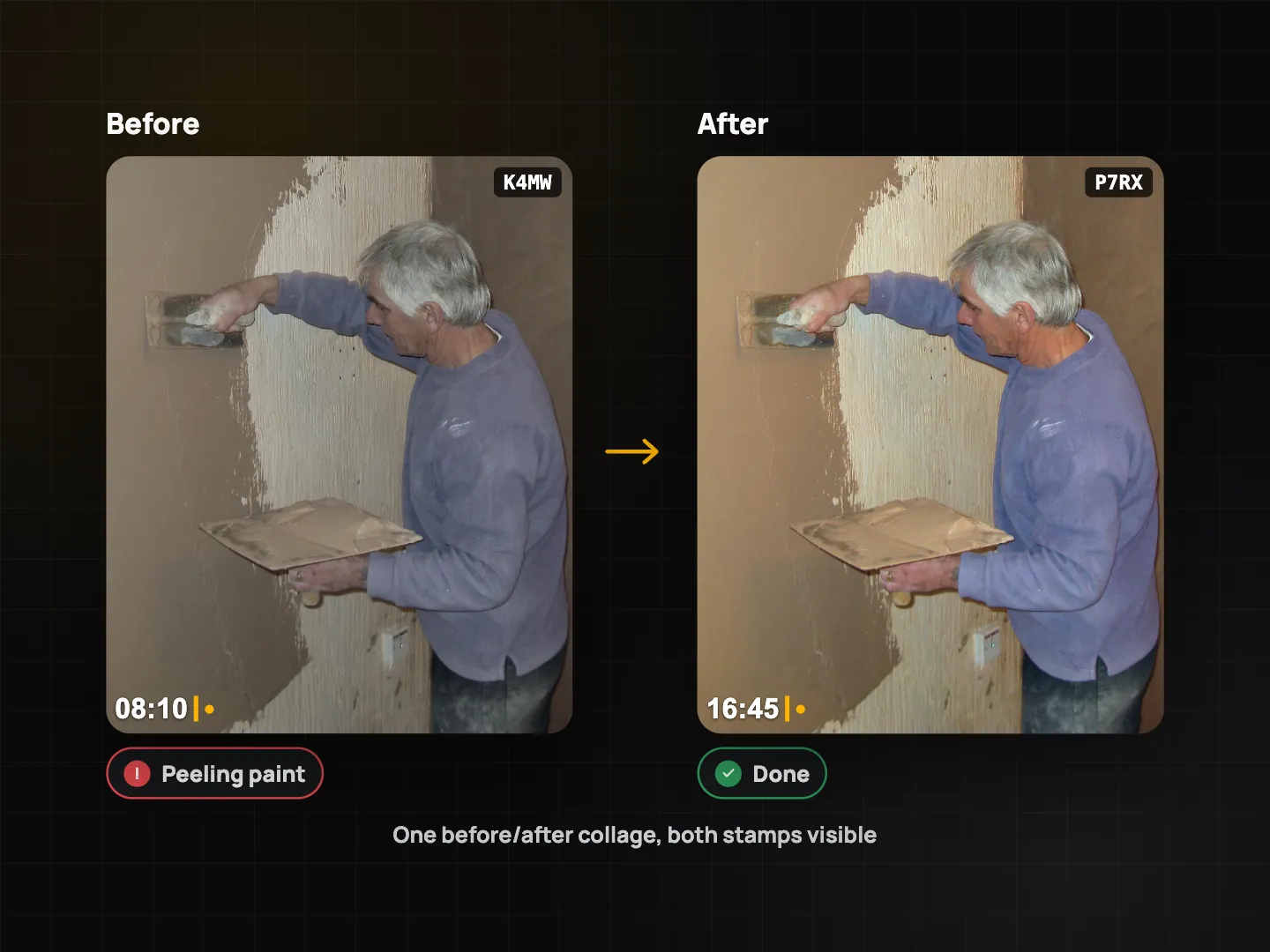 Before and after of the same wall as one collage: peeling paint flagged before, finished wall marked Done after, both stamps visible