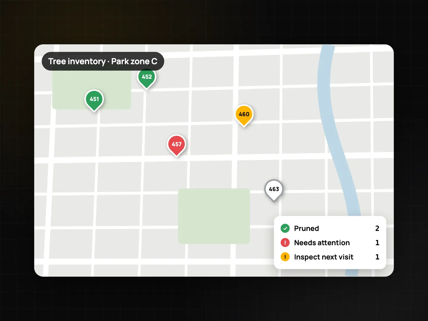 Map Tree inventory, Park zone C, with numbered tree pins 451, 452, 457 flagged, 460 and 463 and a legend for pruned, needs attention and inspect next visit