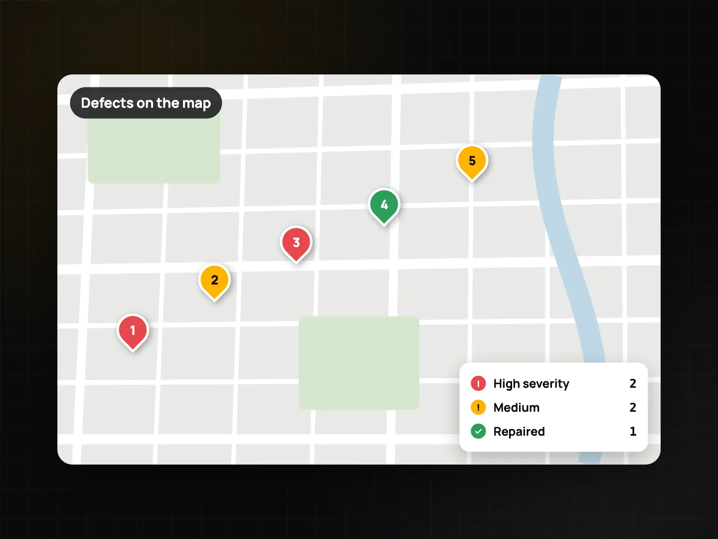 Map titled Defects on the map with five numbered pins coloured high, medium or repaired, and a legend