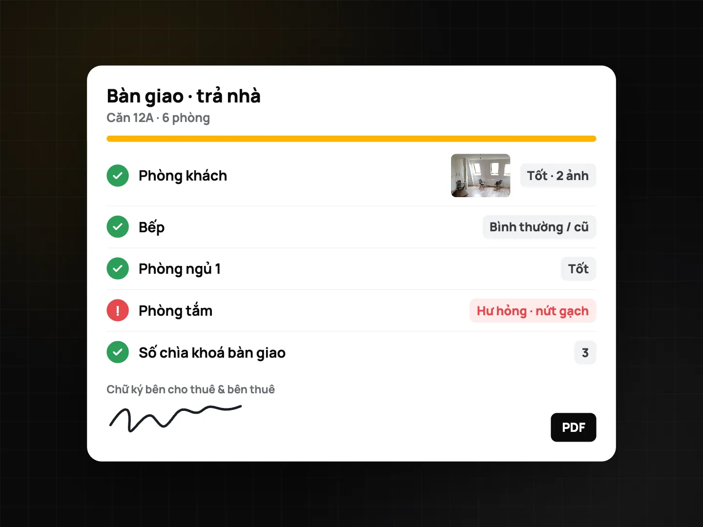 Checklist bàn giao trả nhà Căn 12A: phòng khách Tốt có 2 ảnh, bếp cũ mòn, phòng tắm Hư hỏng vì gạch nứt bị gắn cờ, 3 chìa khoá, chữ ký chủ nhà và bên thuê