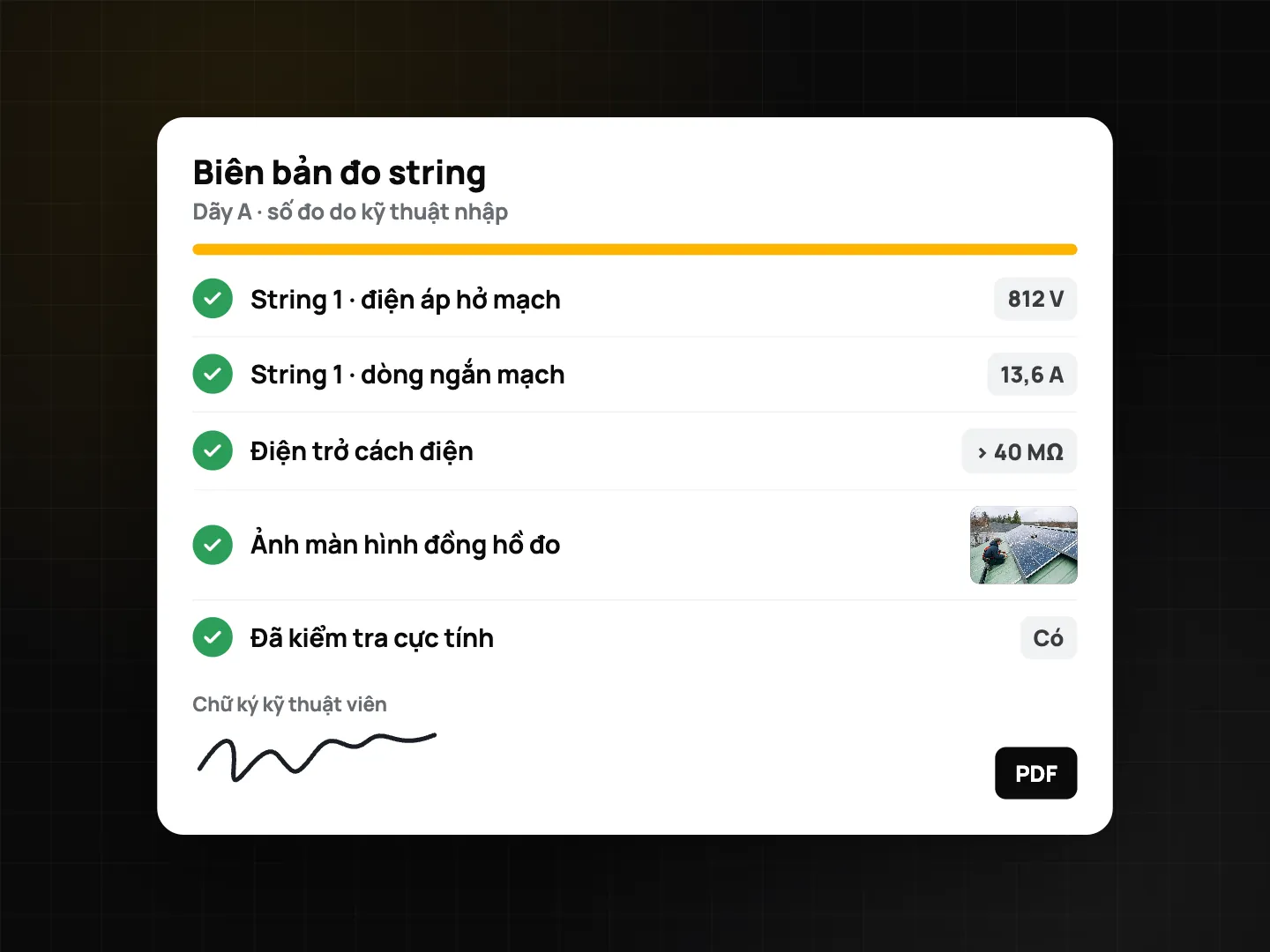 Checklist biên bản đo string do thợ nhập: string 1 Voc 812 V, Isc 13,6 A, điện trở cách điện trên 40 MΩ, ảnh màn hình đồng hồ đo, đã kiểm tra cực tính và chữ ký thợ lắp