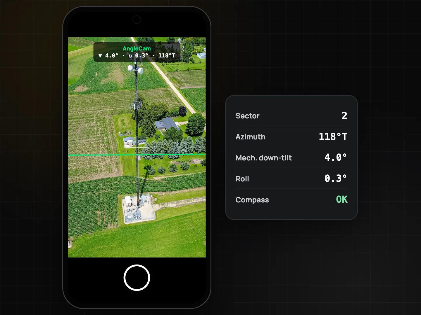 Phone camera in AngleCam mode on a sector antenna, with a green artificial horizon, crosshair and readout of 4.0° down-tilt, 0.3° roll and 118° true azimuth