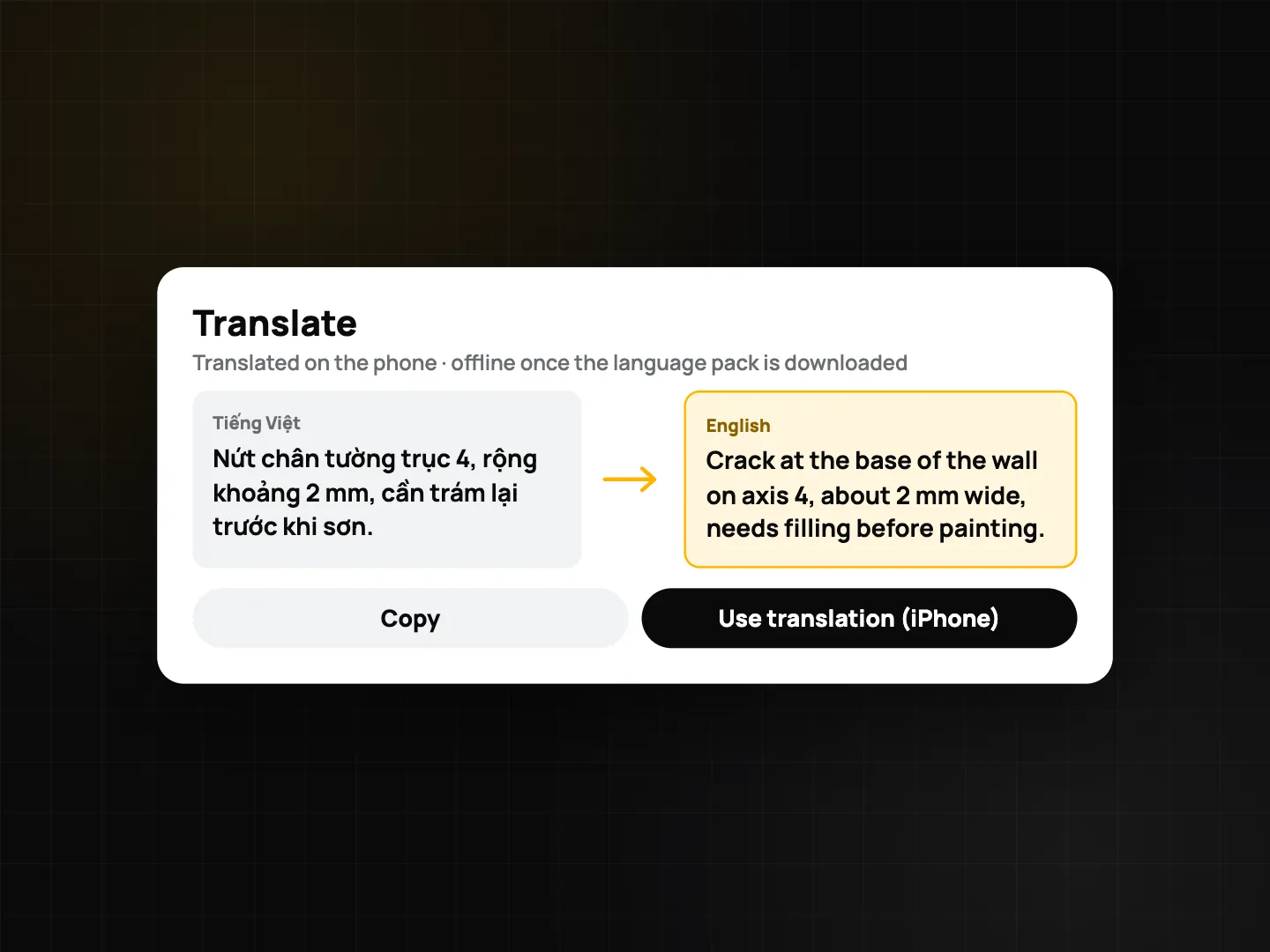 Translate note screen: a Vietnamese note translated to English on the phone, with Copy and Use translation buttons