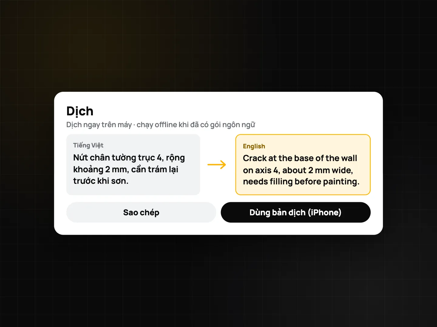 Màn hình dịch ghi chú: ghi chú tiếng Việt được dịch sang tiếng Anh trên điện thoại, có nút Sao chép và Dùng bản dịch