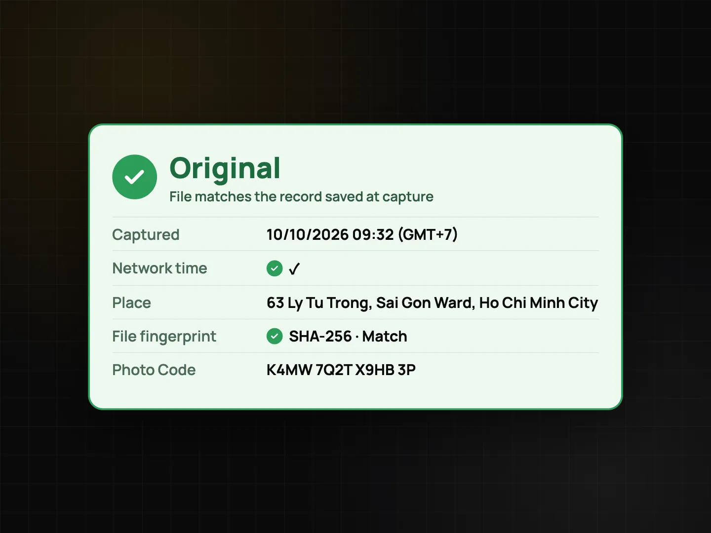 Close-up of a verify result card: Original, capture time from network time, place and fingerprint match