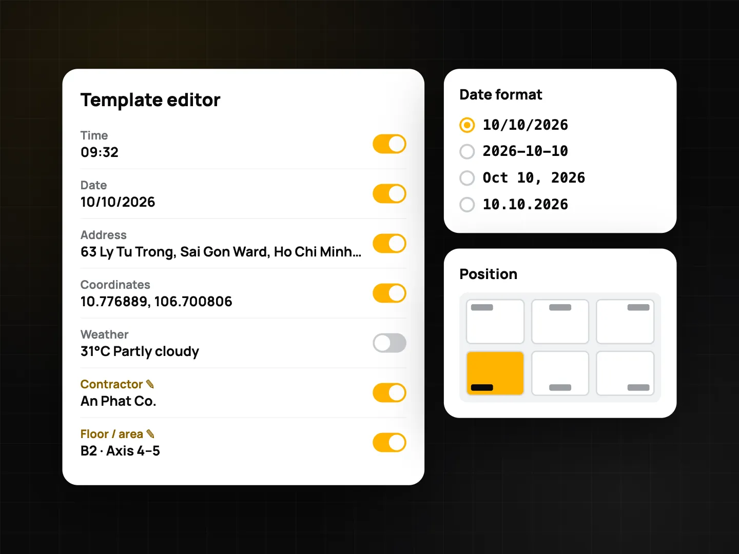 Watermark template editor with field toggles for time, date, address, coordinates, weather, note and custom fields such as Contractor