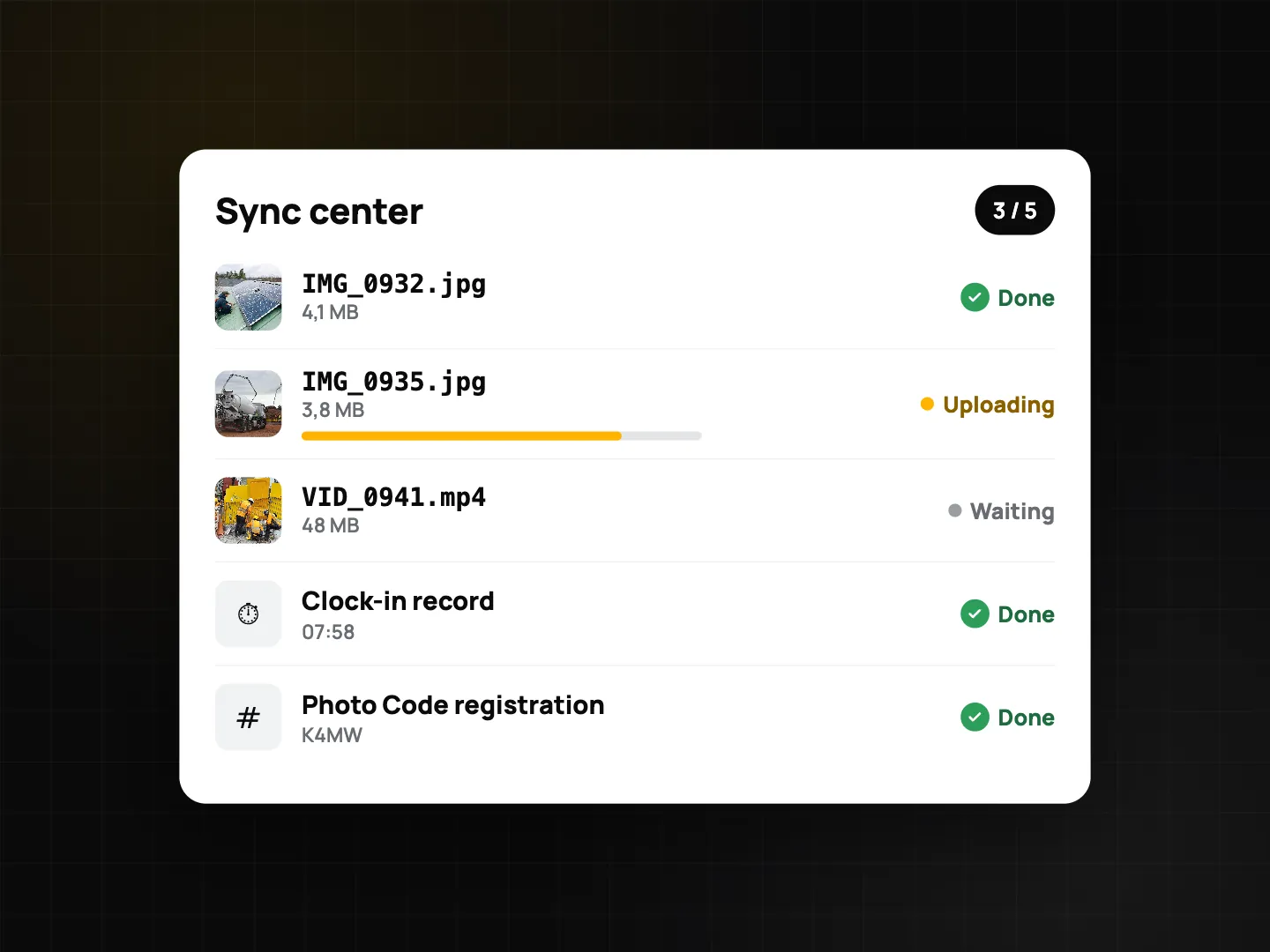 Sync center rows: photos waiting, uploading and done, plus clock records and Photo Code registrations