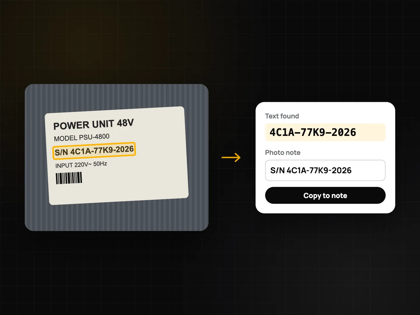Close-up of an equipment label where the recognized serial number is highlighted and copied into the photo note