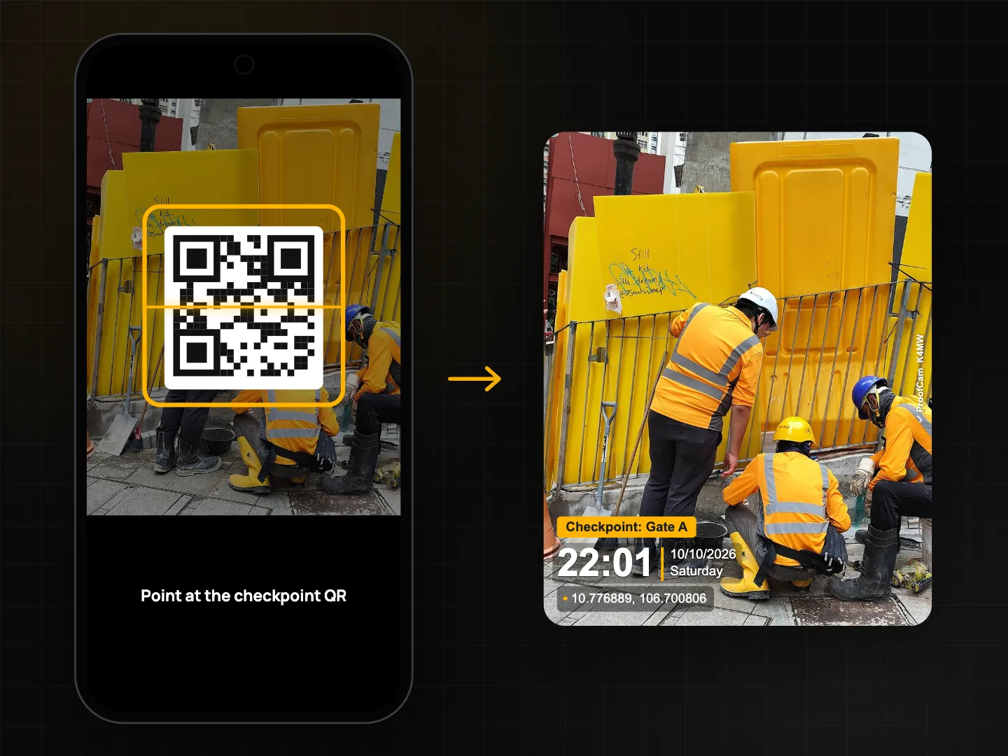 Phone camera scanning a checkpoint QR code, and the resulting photo with the watermark title Checkpoint: Gate A