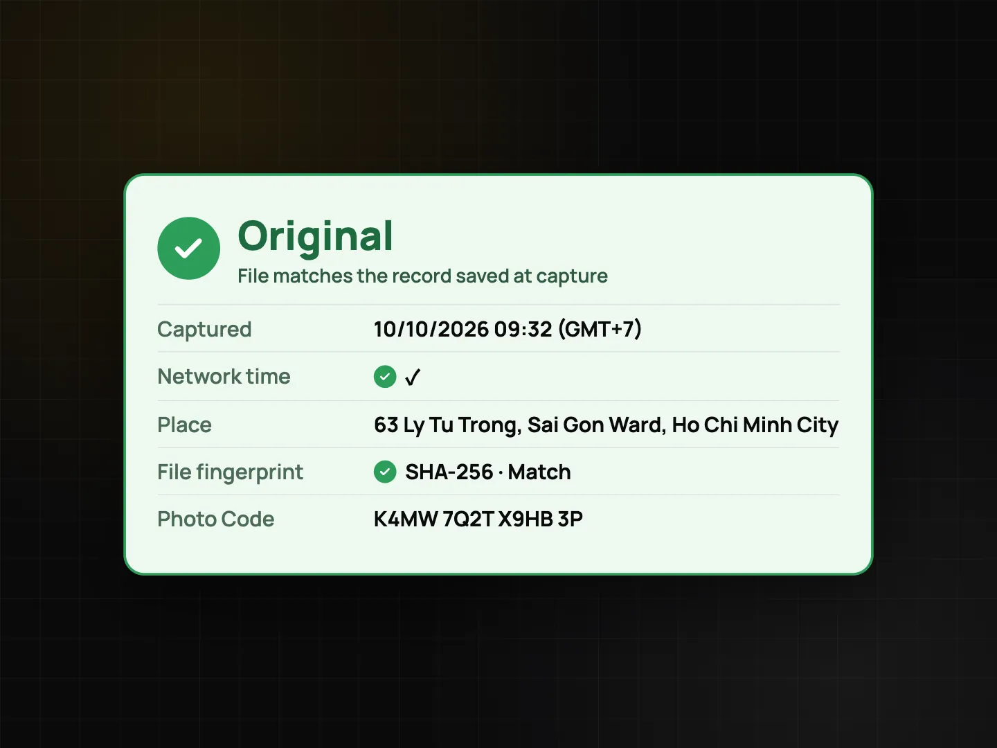 Verify result card showing Original, network time, place and SHA-256 match