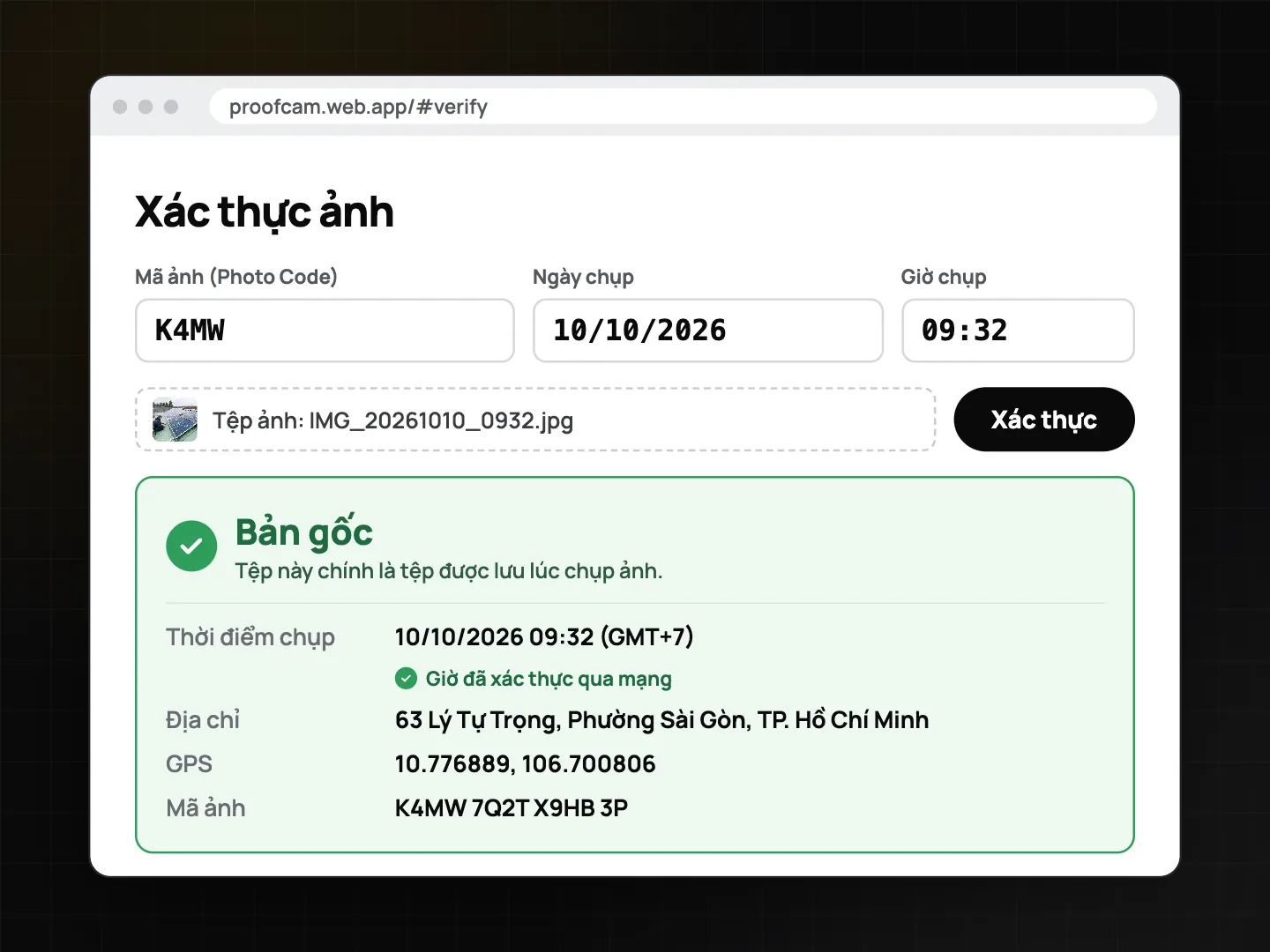 Trình duyệt mở trang xác thực ProofCam, kết quả Bản gốc kèm thời gian và địa điểm chụp