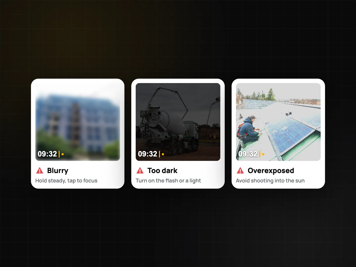 Blurry photo detection examples: three thumbnails showing a blurry photo, a too dark photo and an overexposed photo, with a tip under each