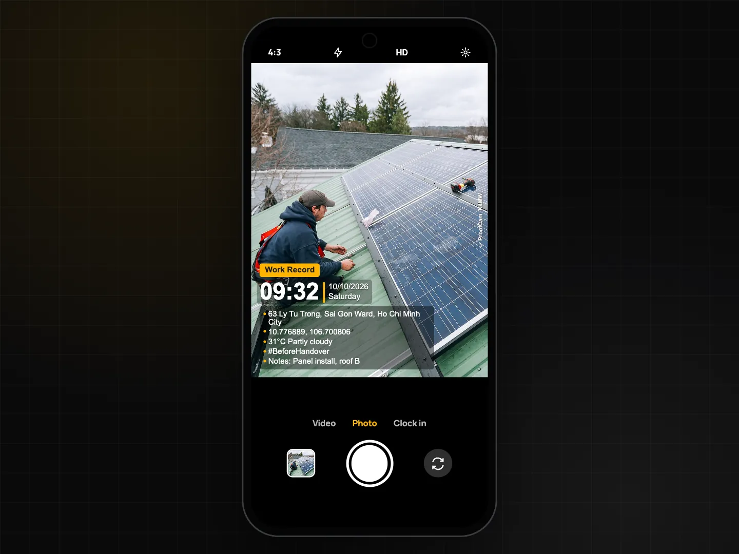 Phone camera screen with the Card watermark showing time, date, address and GPS just after the shutter