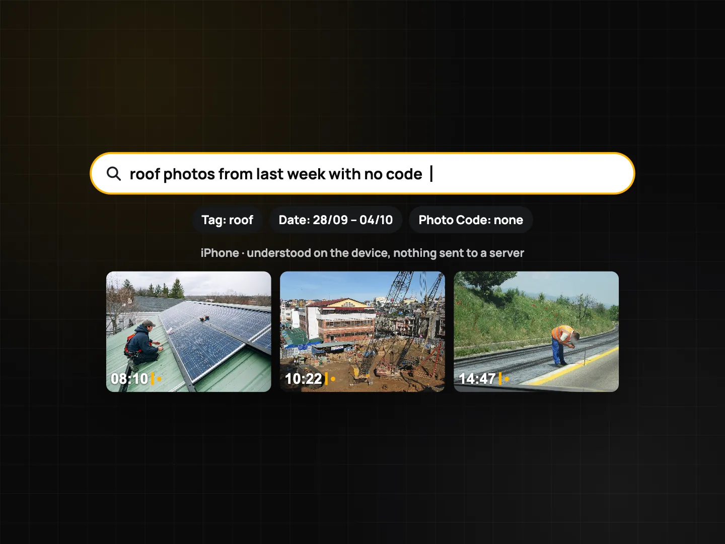 iPhone natural-language query turned into filter chips for tag and date range, with the matching photos below