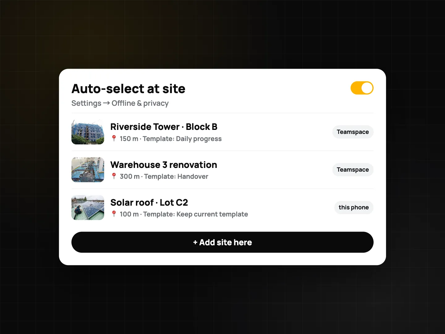 Auto-select at site list with sites showing their radius, watermark template and source, and an Add site here button