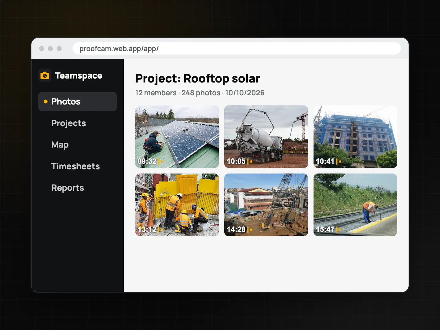 Teamspace web portal at /app/ showing team photos grouped by day, member and project