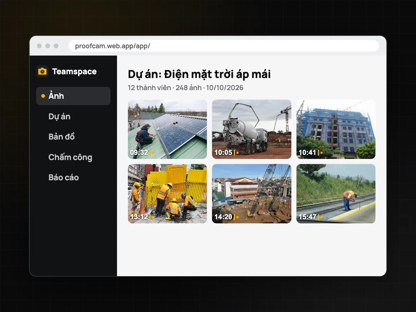 Cổng web Teamspace tại /app/ hiển thị ảnh của đội xếp theo ngày, thành viên và dự án