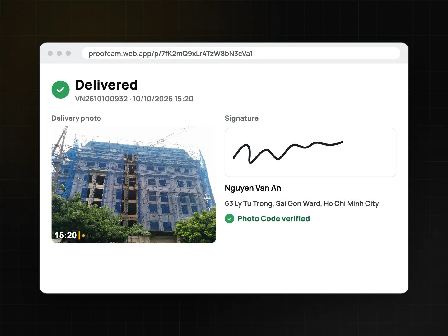 Browser proof-of-delivery page at /p/ showing Delivered, a photo, the signature, time and place