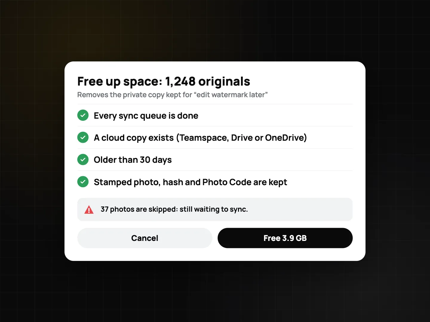 Free up phone storage confirmation: all queues done, cloud copy exists, older than 30 days, stamped photo and Photo Code kept, 37 photos skipped