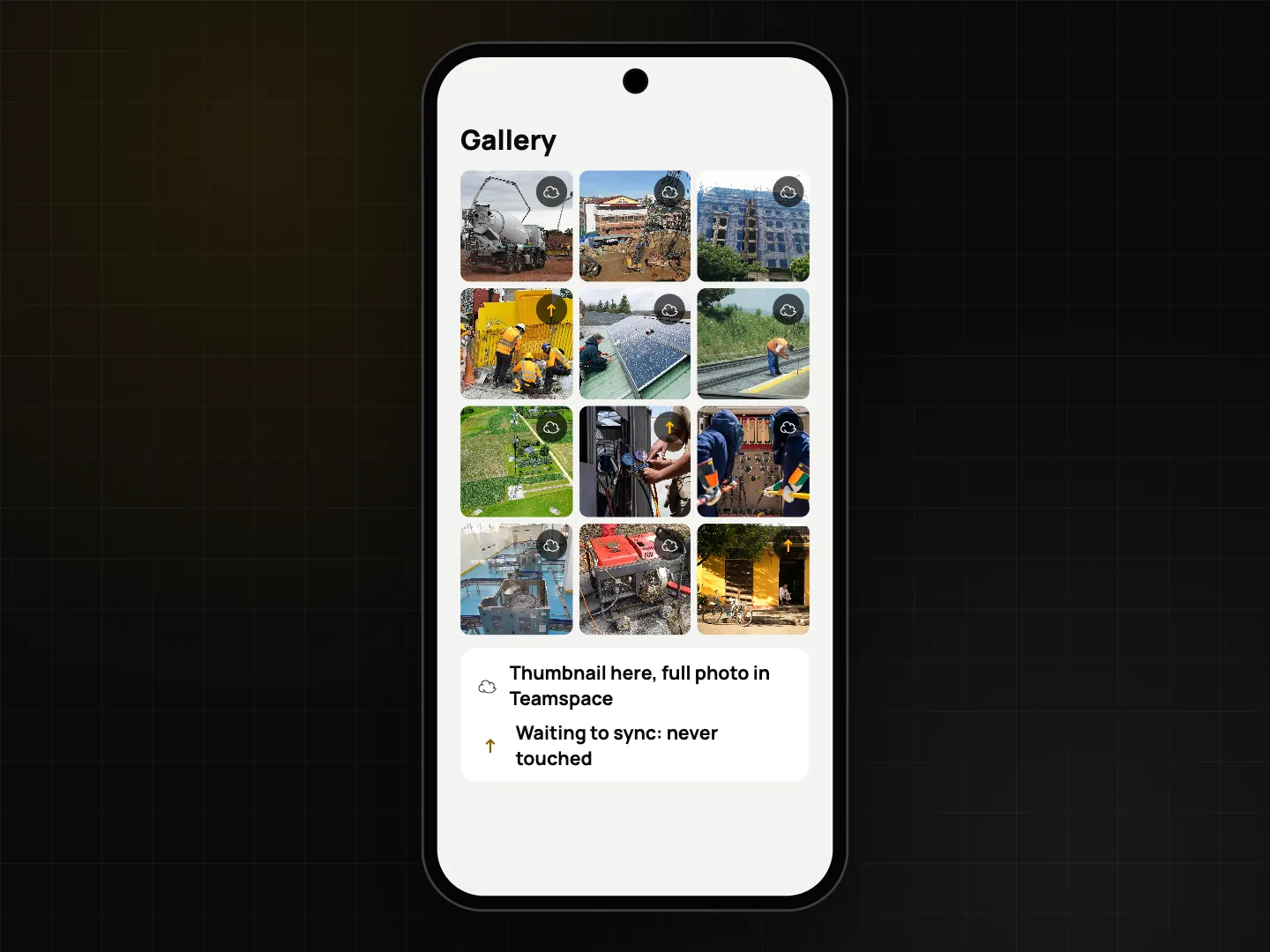 Gallery grid with cloud badges on thumbnail-only team photos and waiting badges on photos still to sync