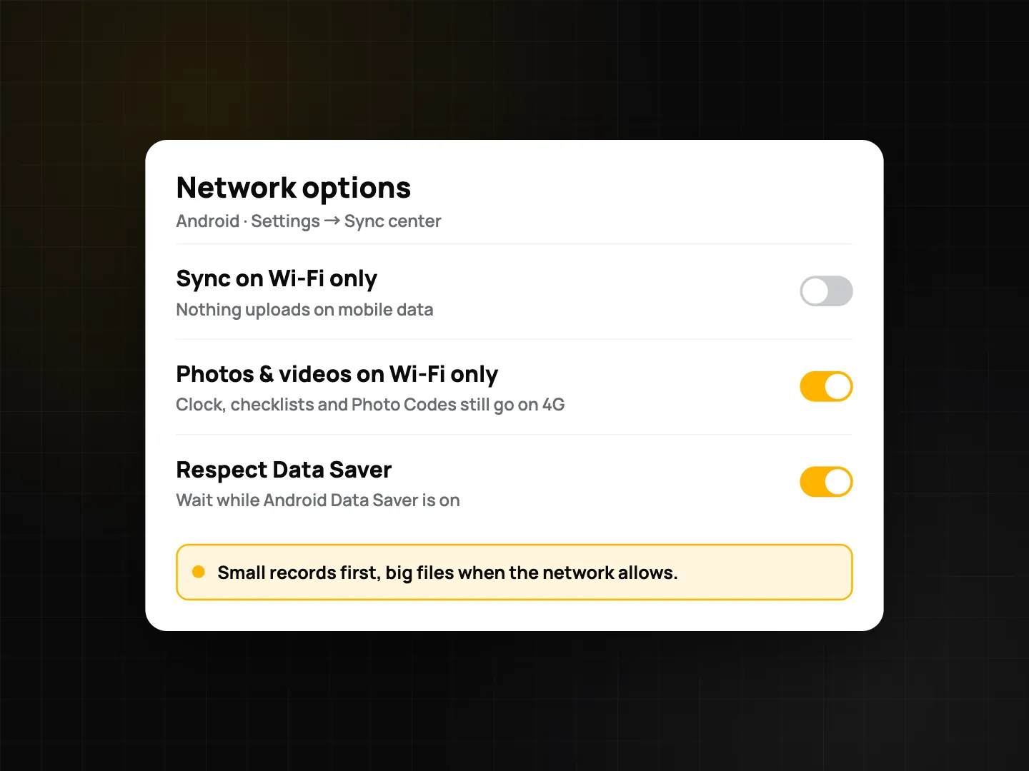 Android network options: Sync on Wi-Fi only, Photos and videos on Wi-Fi only, Respect Data Saver