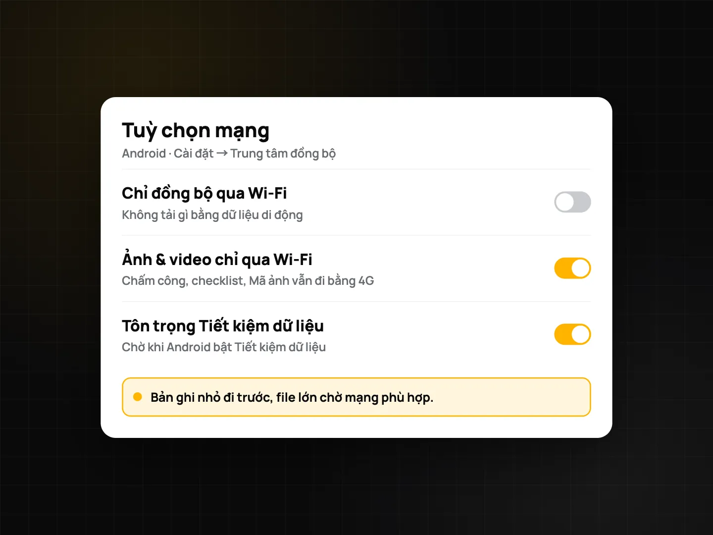 Tuỳ chọn mạng trên Android: Chỉ đồng bộ qua Wi‑Fi, Ảnh & video chỉ qua Wi‑Fi, Tôn trọng Tiết kiệm dữ liệu