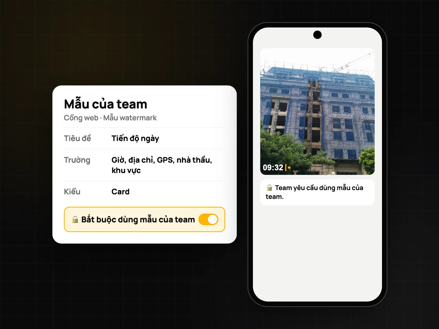Cài đặt mẫu trên cổng web với nút Bắt buộc dùng mẫu của team đang bật, cạnh điện thoại hiện thông báo Team yêu cầu dùng mẫu của team