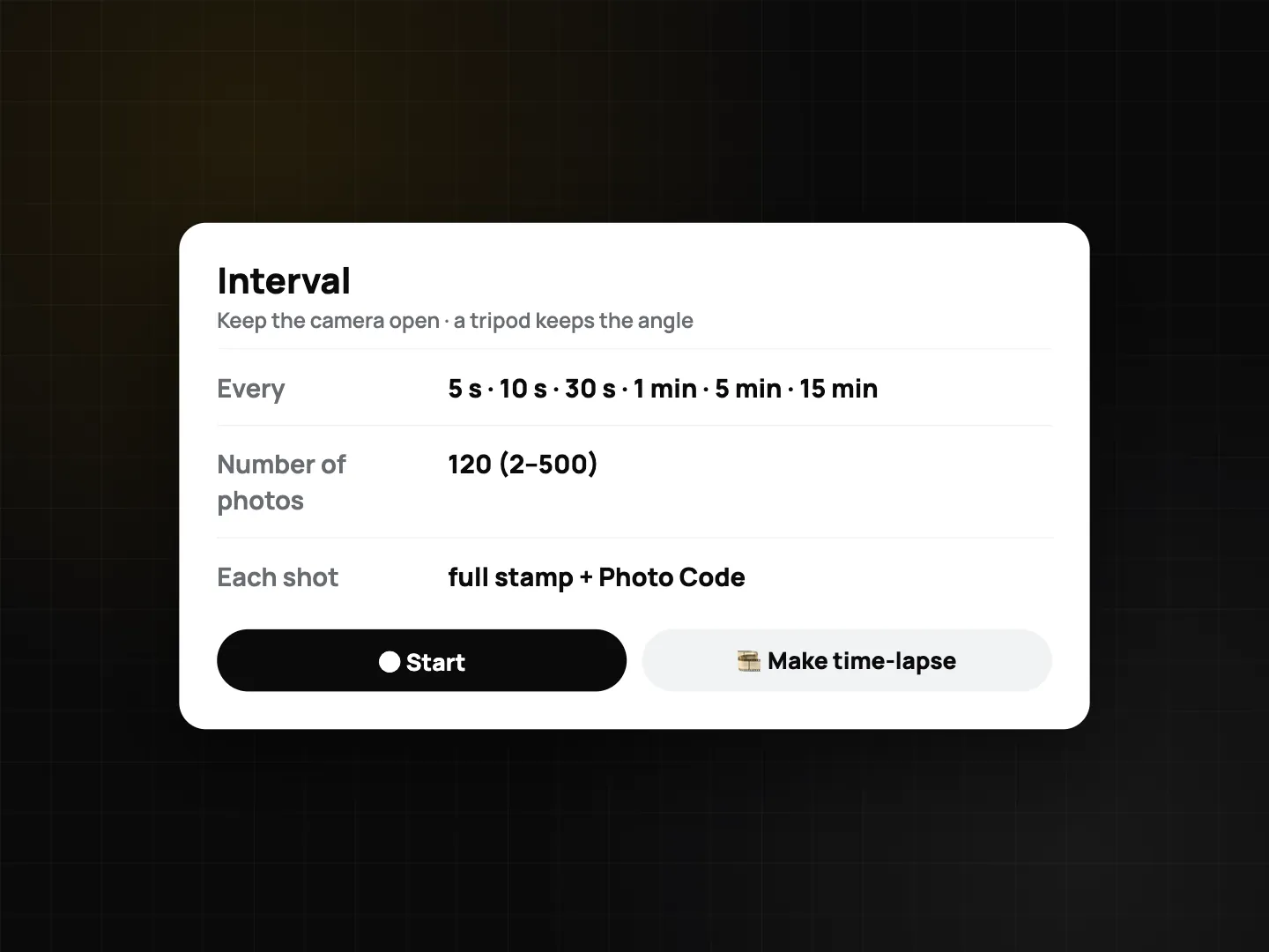 Interval settings with presets from 5 seconds to 15 minutes, number of photos from 2 to 500, and Start and Make time-lapse buttons