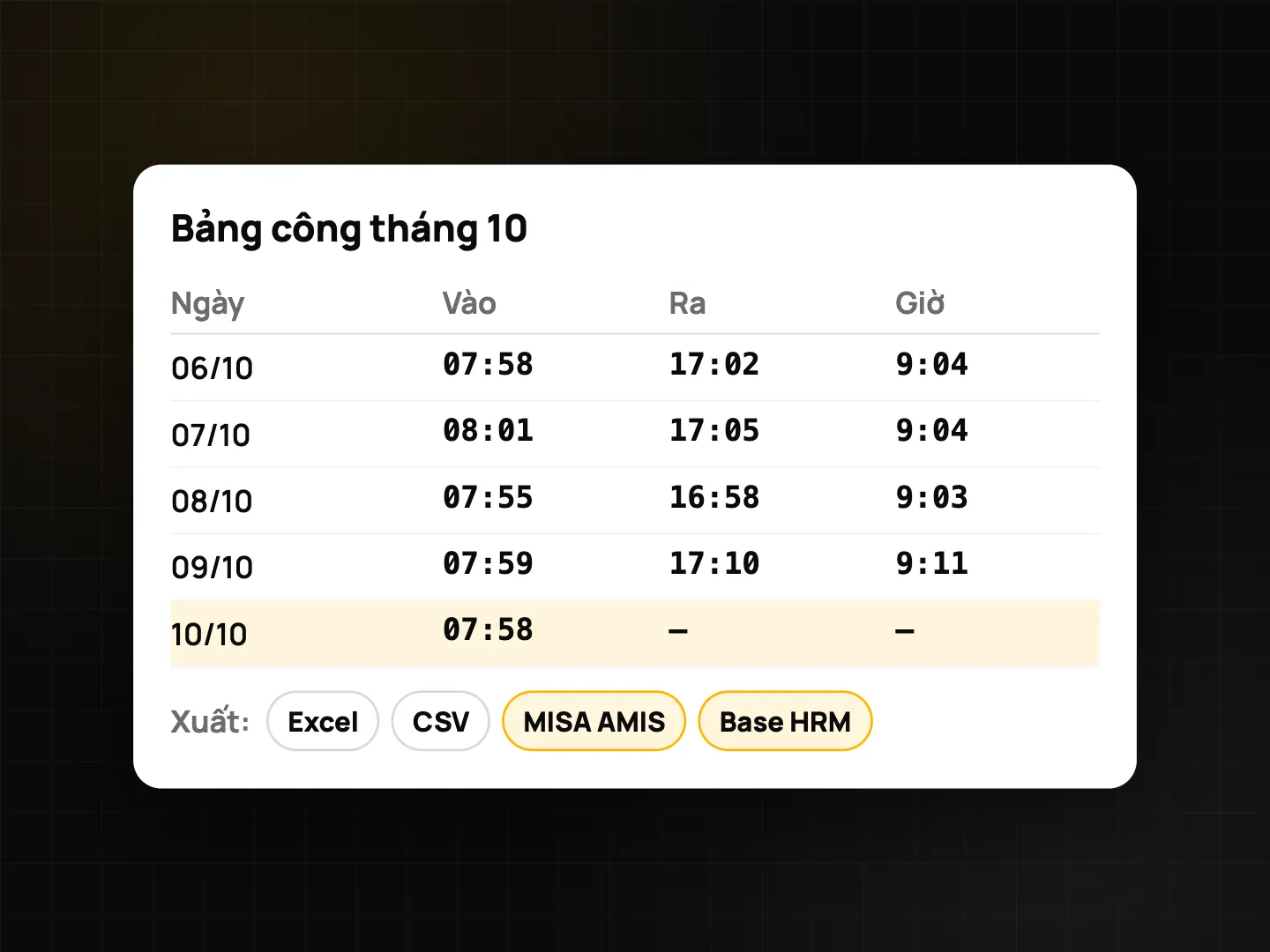 Bảng công cận cảnh với các chip định dạng xuất: Excel, CSV, MISA AMIS, Base HRM