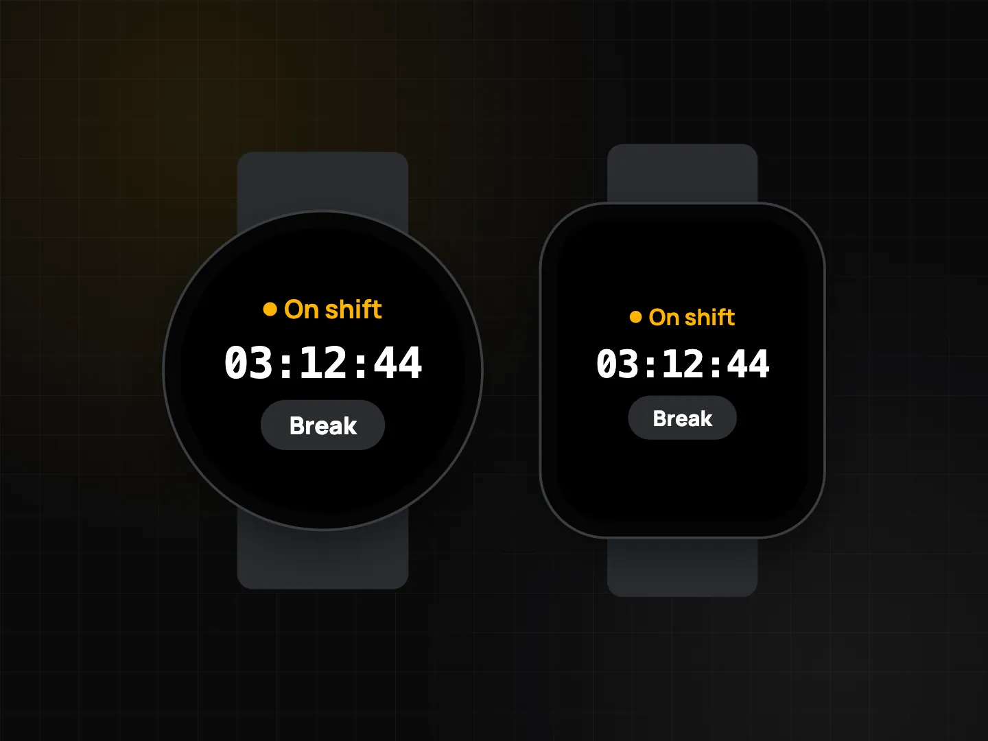 Close-up watch faces showing a shift timer and a Break button