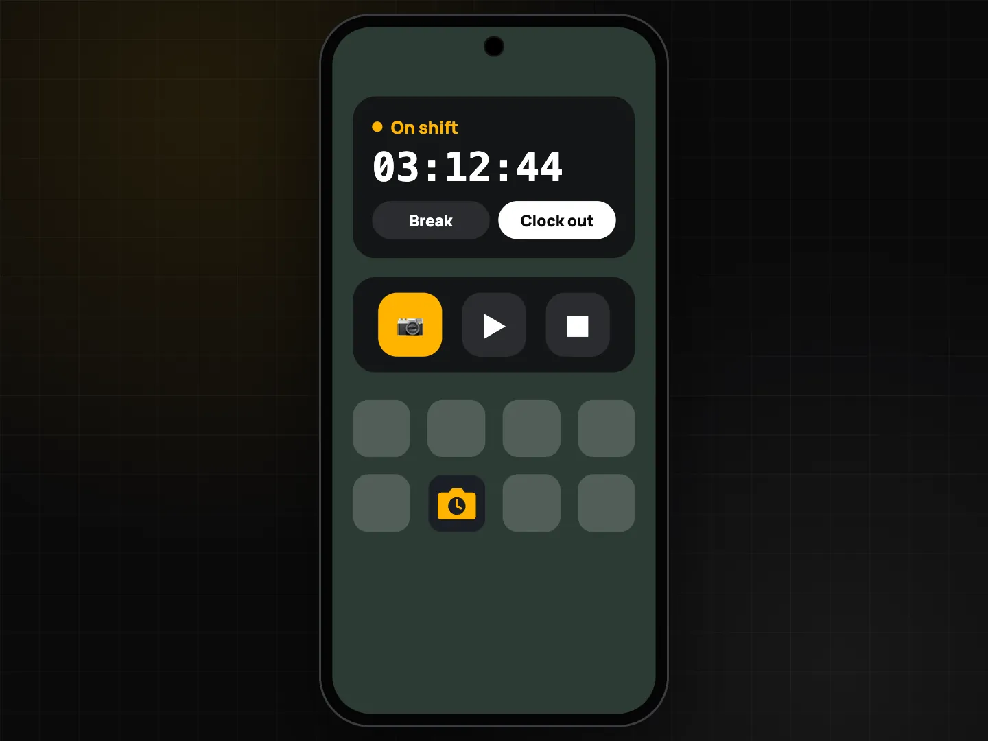 Home screen widgets with a shift timer, Break and Clock out buttons, and one-tap photo, clock in and clock out buttons