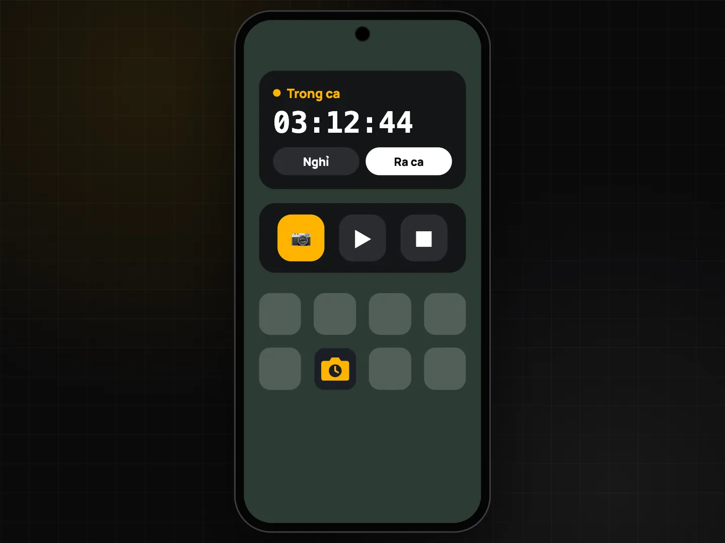 Widget màn hình chính: đồng hồ ca có nút Nghỉ và Ra ca, cùng các nút chụp ảnh, vào ca, ra ca một chạm