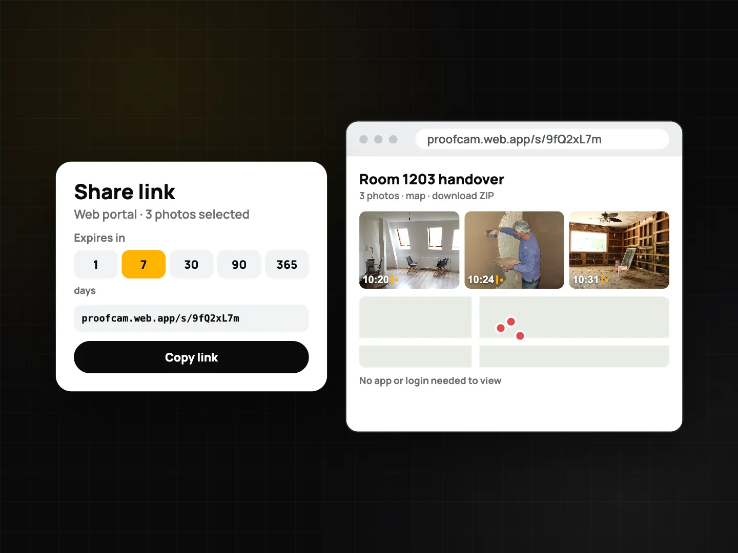 Web portal share-link dialog with expiry choices from 1 to 365 days, next to the public page with photos and a map