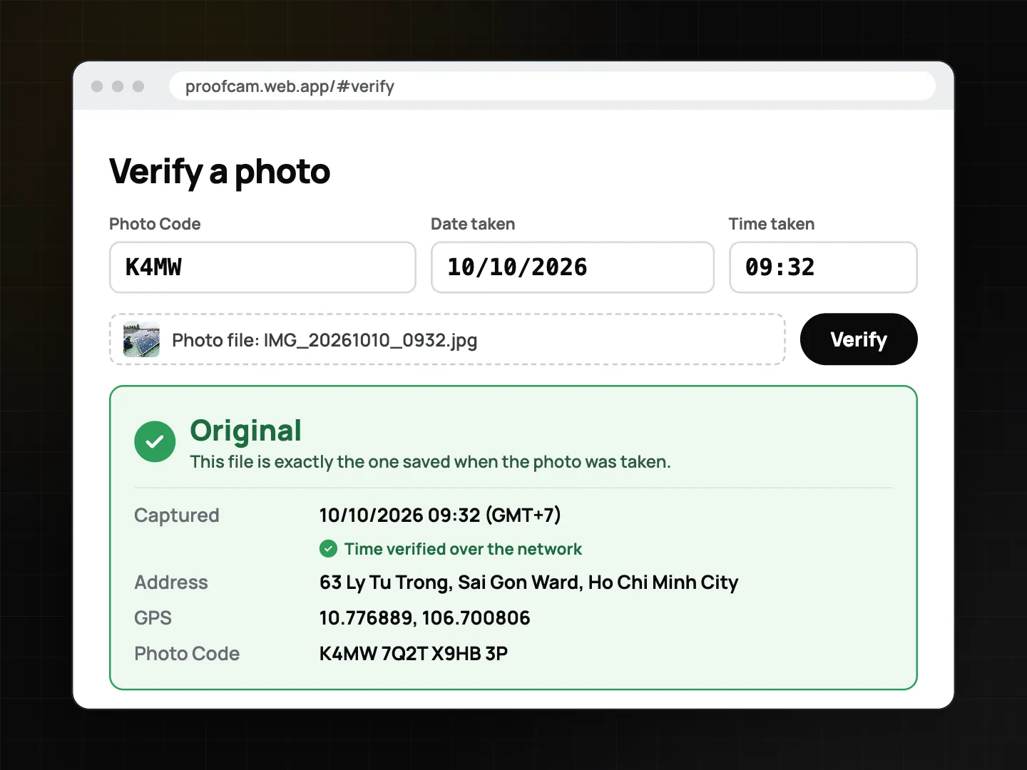 Verify page a client opens from the link in a shared job photo message, showing the result Original with capture time and place